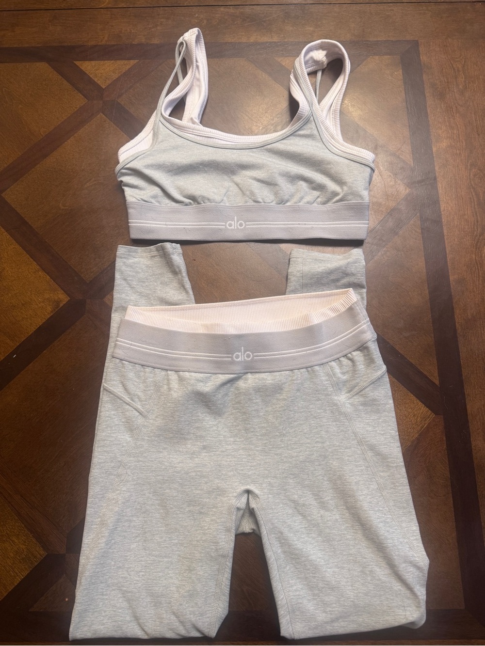 ALO Yoga Kids Light Gray Leggings and Sports Bra Set